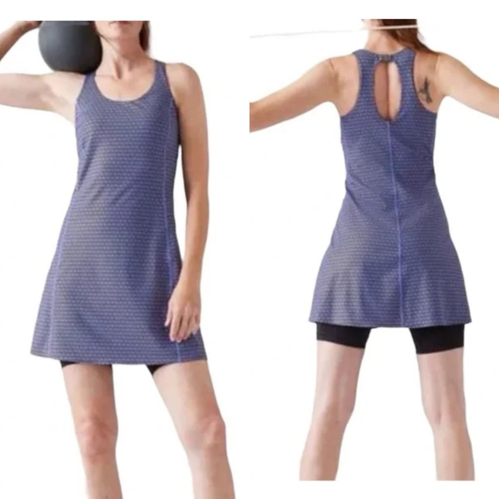 Athleta Ultimate Ease Fit and Flare Blue Purple Printed Dress